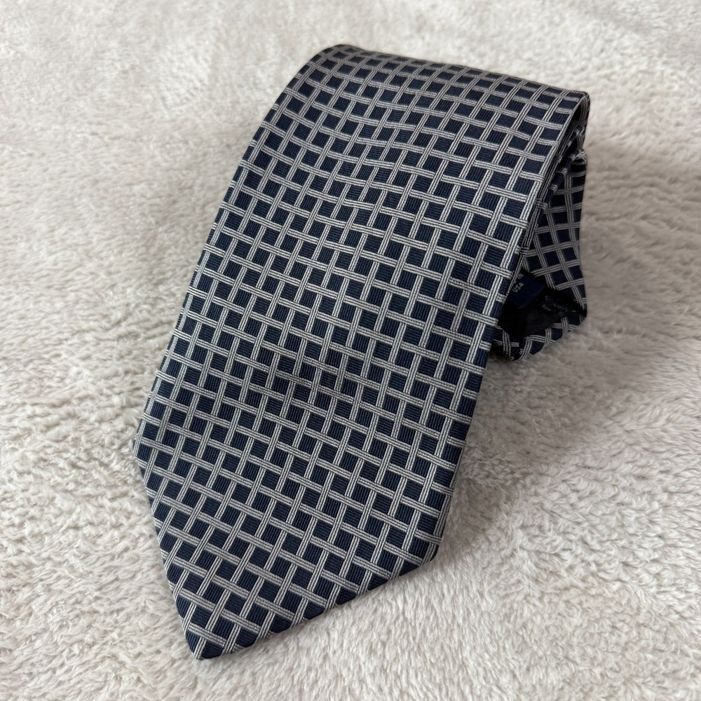 Brooks Brothers Mens Necktie Navy Blue Gray Geometric Squares Silk Tie 59x3.75